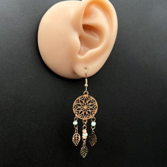 Yellow Gold with Green and Peach Beaded Boho Style Dream Catcher Hook Earrings - Picture 7 of 8